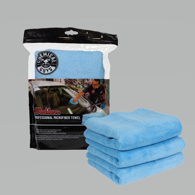 Chemical Guys Workhorse Professional Microfiber Towel – 16in x 16in – Blue – 3 Pack on Sale